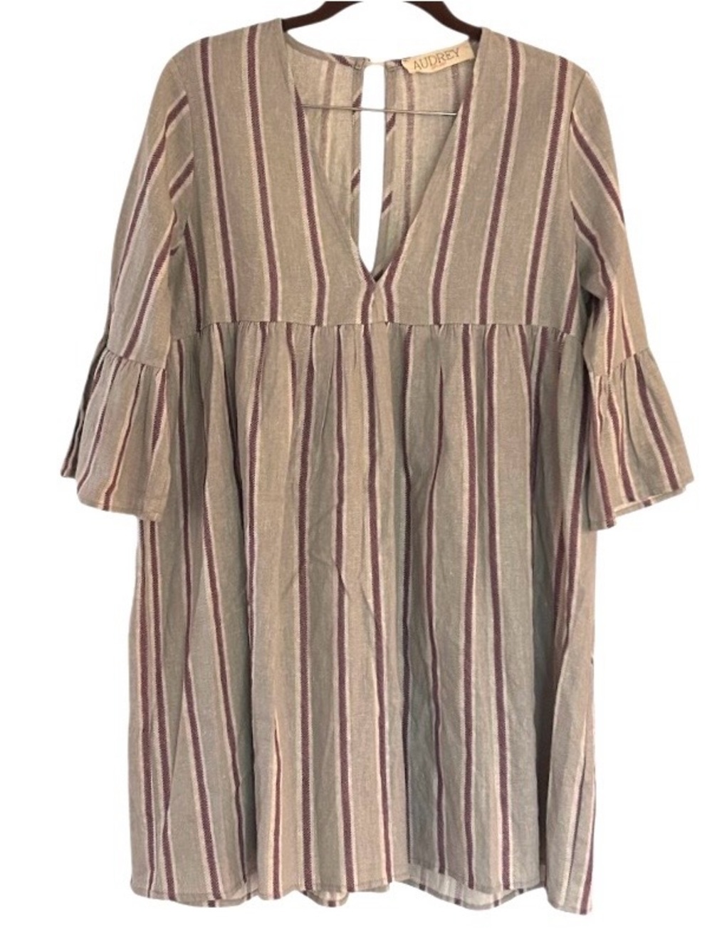 Audrey 3+1 Mini Dress Size Small Linen Stripe Bell Sleeve Boho